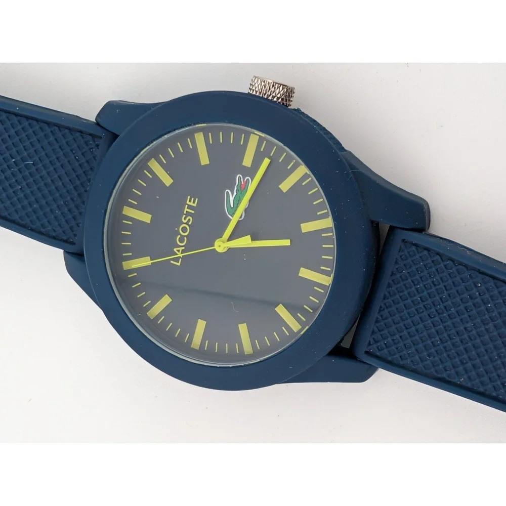 Lacoste Watch Men 43mm Case Navy Blue Textured Silicone Band- New Battery